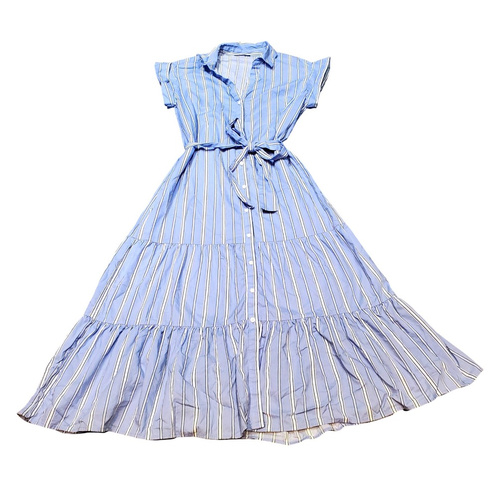 Tommy‎ Hilfiger Blue White Striped Tiered Midi Shirtdress Cap Sleeve Size 6